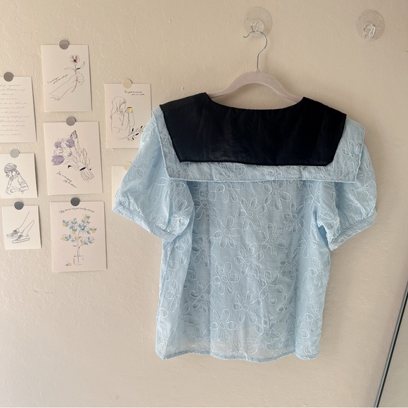 {New}Light Blue Double-Layered Sailor Collar Embroidered Blouse Puff Sleeves - Picture 2 of 9